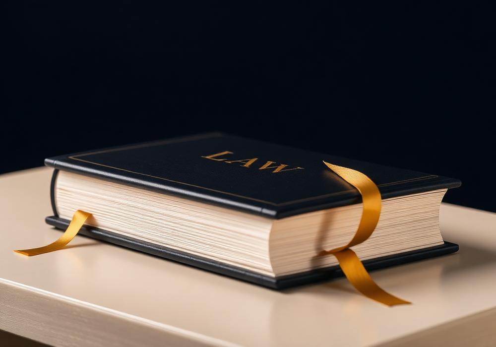 Livro jurídico com marcador dourado sobre mesa clara