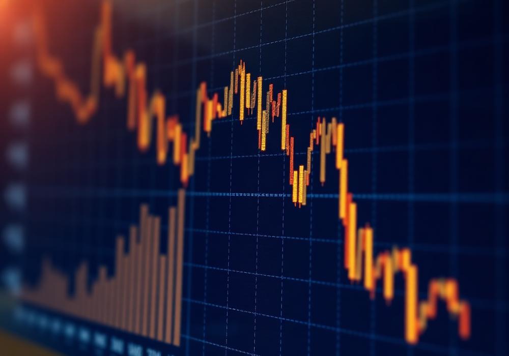 Gráficos financeiros em tela escura com destaques dourados